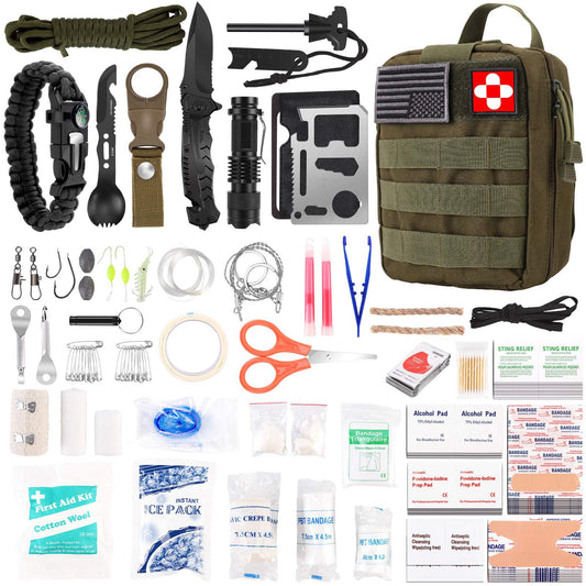 216 Pcs Survival First Aid kit, Professional Survival Gear Equipment Tools First Aid Supplies for SOS Emergency Hiking Hunting Disaster Camping Adventures (Green)