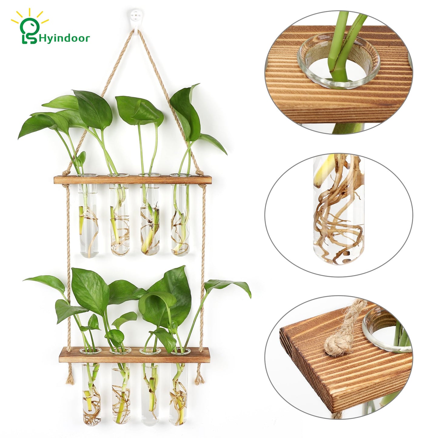 HYINDOOR Wall Hanging Planter Terrarium 2 Tired Test Tube Vase Glass Planter Plant Propagation Station Plant Hangers of Rope with Wooden Stand and 8 Tubes for Hydroponic Plant Cutting