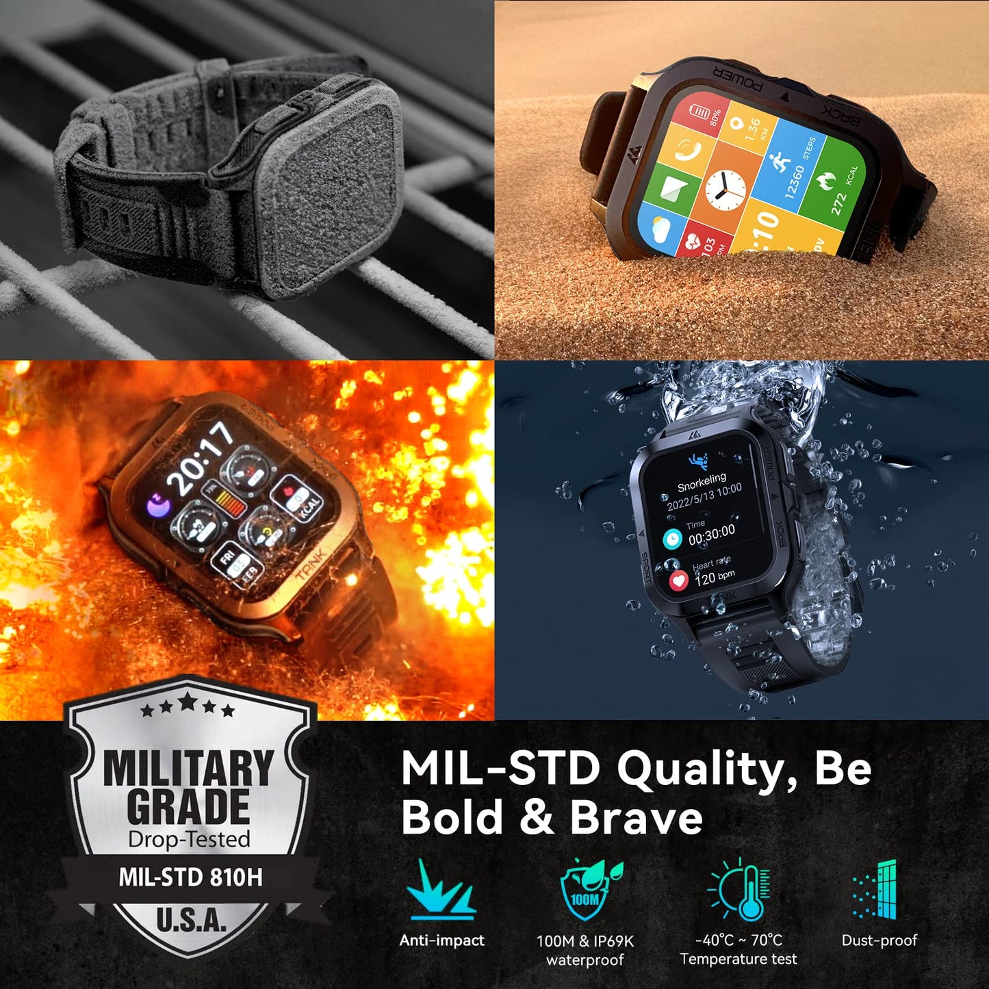 AMAZTIM Smart Watch, 60 Days Extra-Long Battery, 50M Waterproof, Rugged Military Bluetooth Call(Answer/Dial Calls), 1.85" Ultra Large HD Display, AI Voice Assistant, Compatible for Android and iOS