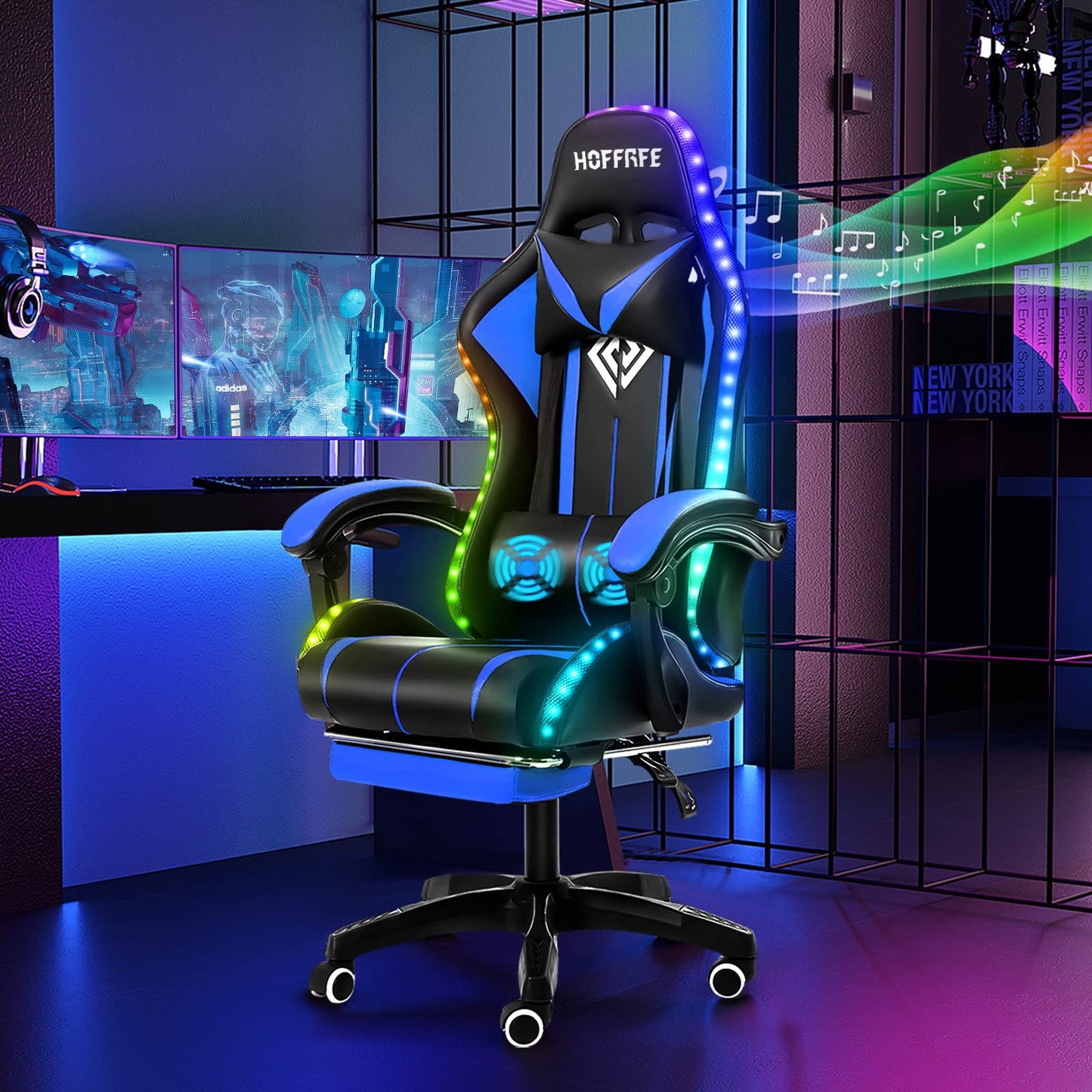 HOFFREE RGB Gaming Chair with Speakers Massage Computer Gaming Chair with LED Lights and Footrest High Back Video Game Chair for Adults Blue and Black