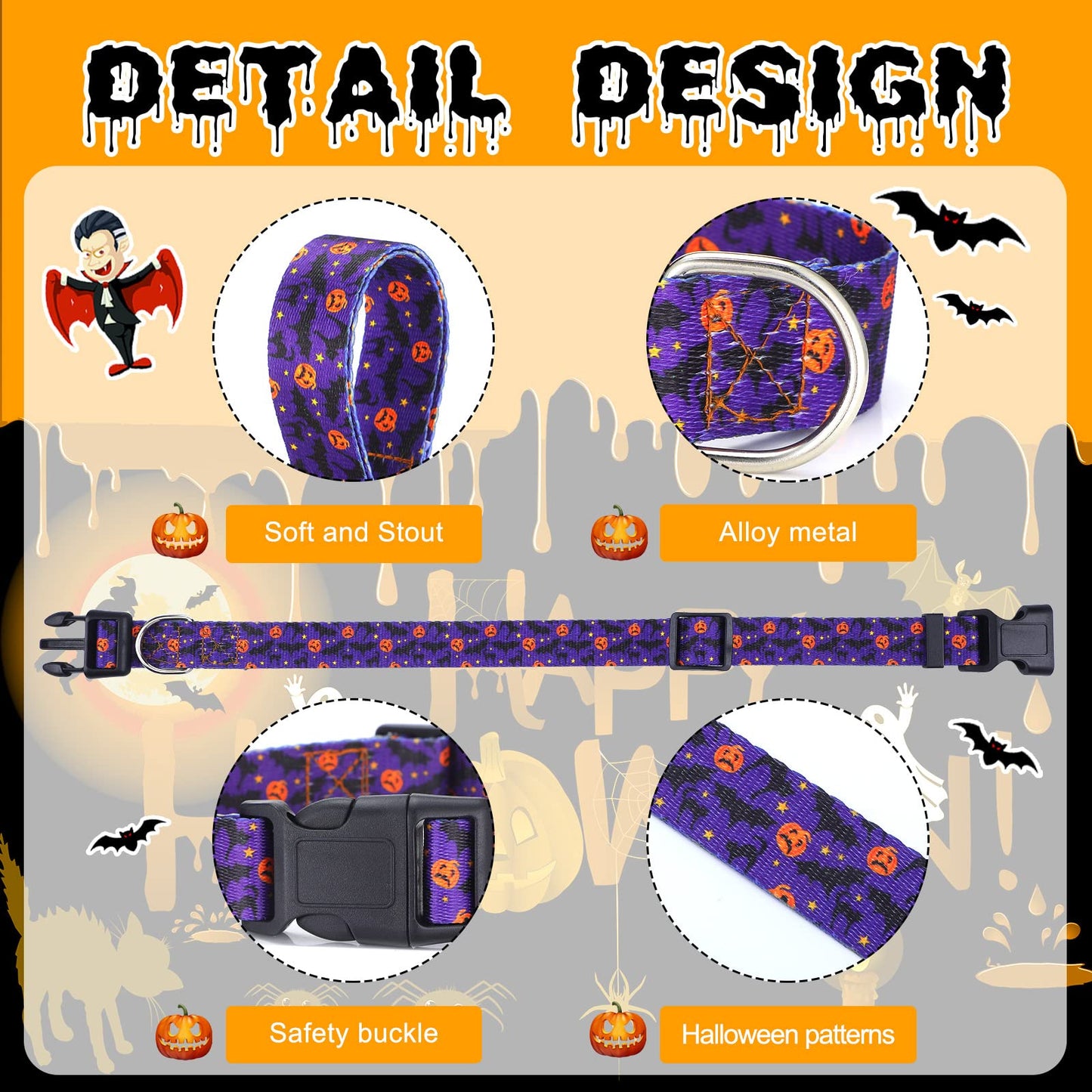 6 Pcs Halloween Dog Collars for Pumpkin Basic Adjustable Lightweight Holiday Comfortable Dog Collars with Plastic Buckle for Puppy Small Medium Large Pets(Medium)