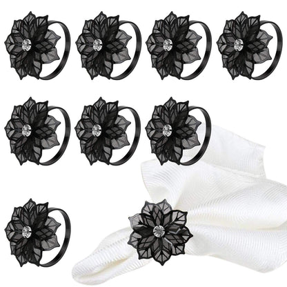BEAVOING Pack of 18 Napkin Rings Alloy Hollow Out Flower Napkin Holder Dinning Table Napkin Ring for Dinner Parties Wedding Banquet Table Setting Family Gatherings Table Decor (Black Flower, 18)