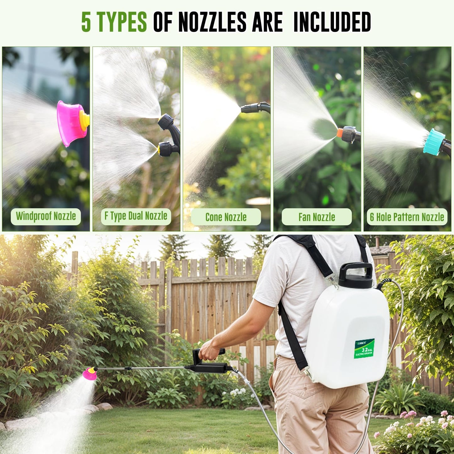 Battery Powered Sprayer 3.2 Gallon, VAXMAY Backpack Sprayer with 3 Adjustable Speeds, Battery Indicator, 5 Mist Nozzles, 41" Retractable Wand, USB Rechargeable Weed Sprayer for Lawn Garden Yard