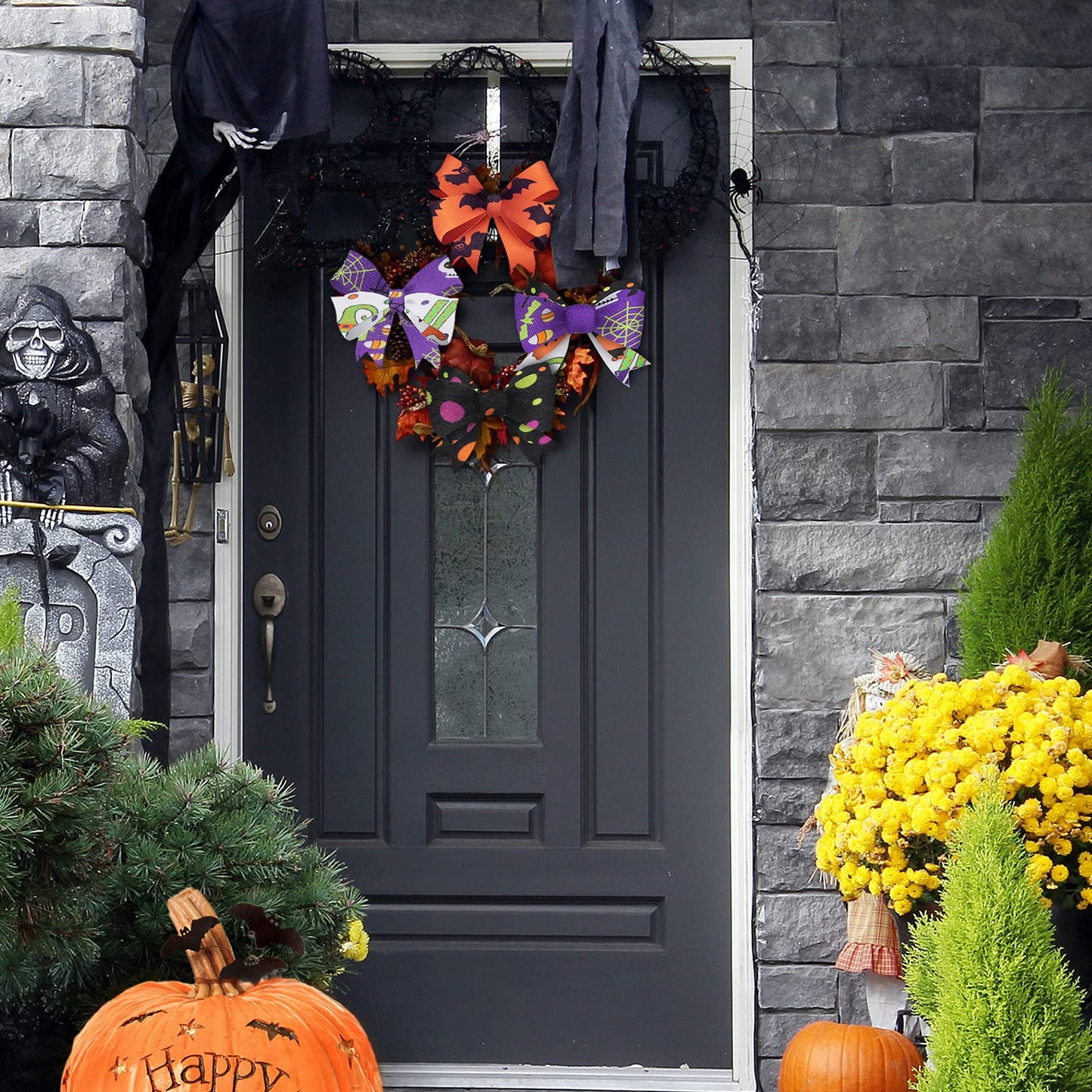 4 Rolls 20 Yards Halloween Wired Edge Ribbon Spider Web Printed Grosgrain Ribbons Halloween Theme Holiday DIY Craft Wrapping Ribbon for Home Party Decor