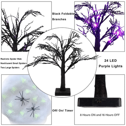 Happy Trees 2 Pcs Halloween Black Spooky Tree with 24 LED Purple Lights, Spider Web and 10 Noctilucent Spiders,18" Artificial Tree Decoration with Timer for Indoor Tabletop Holiday Party