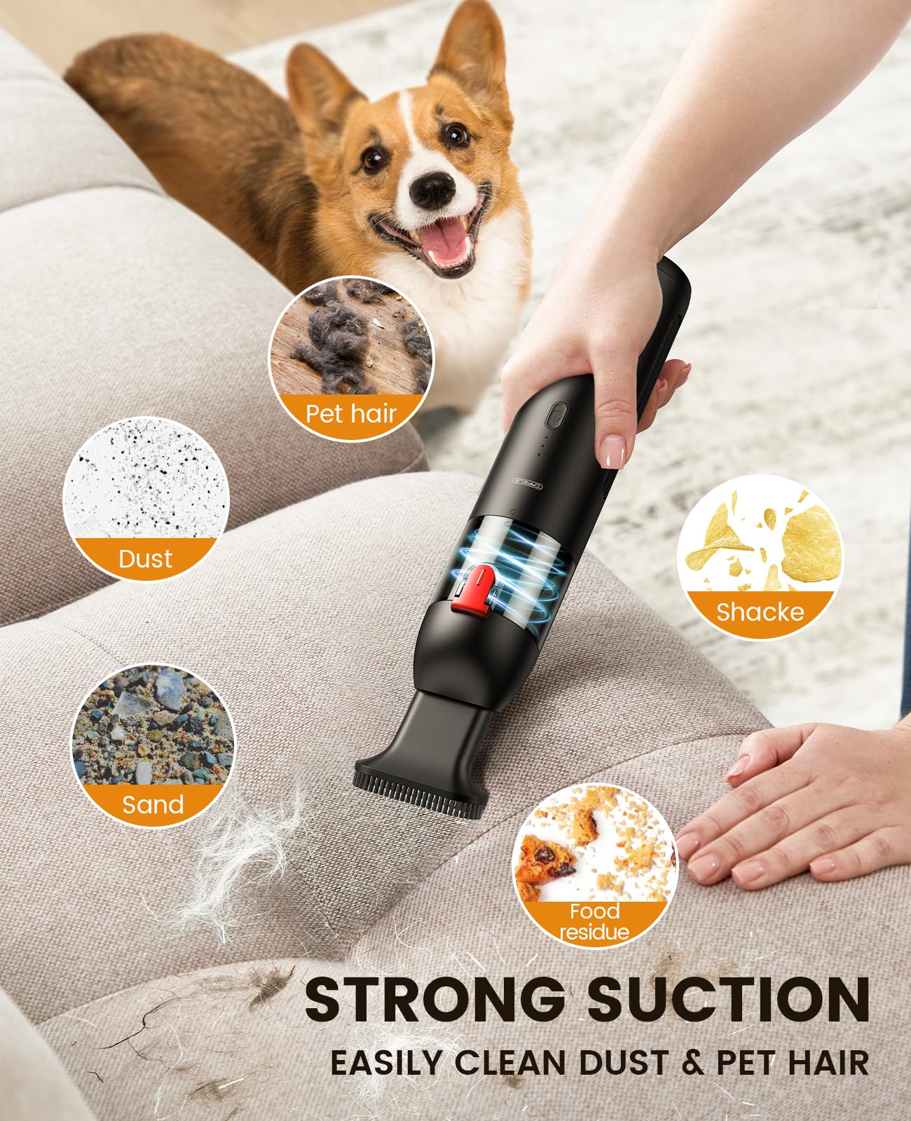 CAFELE Cordless Car Vacuum Cleaner Mini Portable Handheld Vacuum for Sofa Dog Hair with LED Flashlight, 2 Speeds, 2 Nozzles, Max 45Mins Runtime, for Car Home Office Keyboard Desk Couch