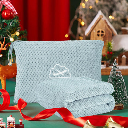 BEDELITE Travel Blanket and Pillow Set 2-in-1, Ultra-Soft Jacquard Fleece Blanket with Bag, Airplane Blanket with Luggage Sleeve & Backpack Clip Travel Essentials, Blue