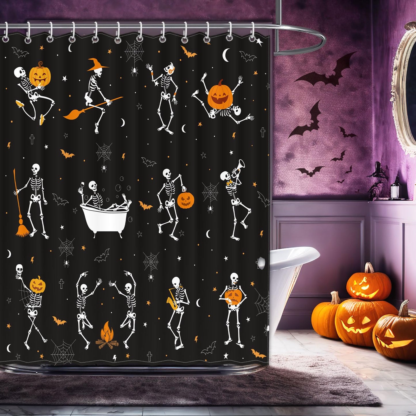 BOARDFEB Halloween Skull Shower Curtain for Bathroom 72 x 72 Inches Funny Black and White Gothic Skeleton Dance Water-Repellent Fabric Shower Curtains Pumpkins Dancing Bath Decor with 13 Hooks
