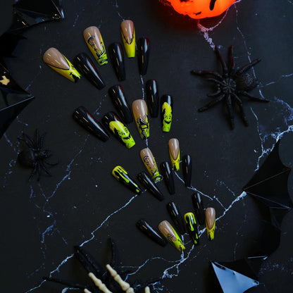 BABALAL Halloween Press on Nails Long Coffin Fake Nail Black Glue ons Green French Tip Ghost Design Acrylic False Nails Ballerina 24Pcs Manicure Full Cover Artificial