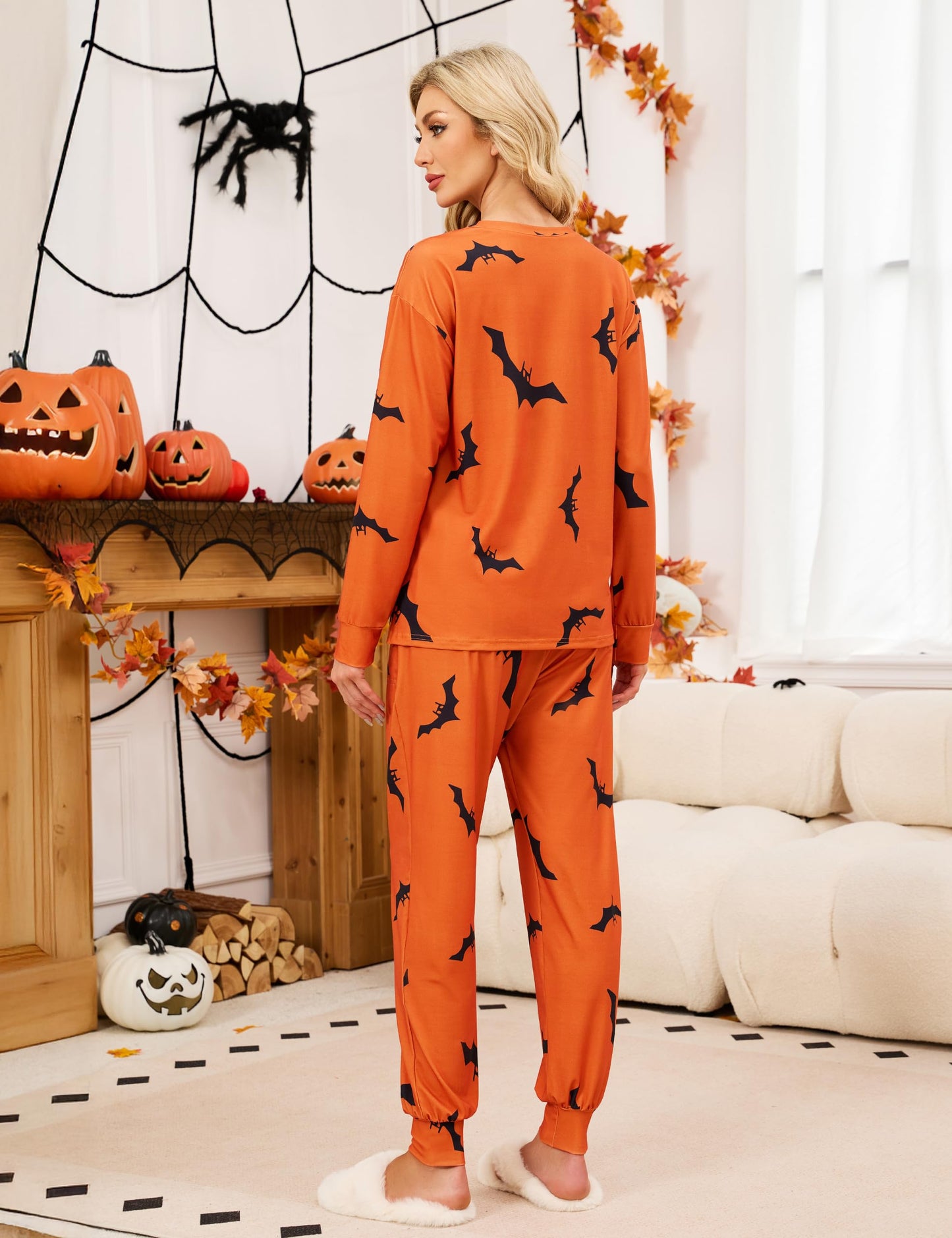 Blooming Jelly Womens Cute Pajama Sets Bat Halloween Pajamas Long Sleeve Pjs Lounge Set 2025 (S, Orange)