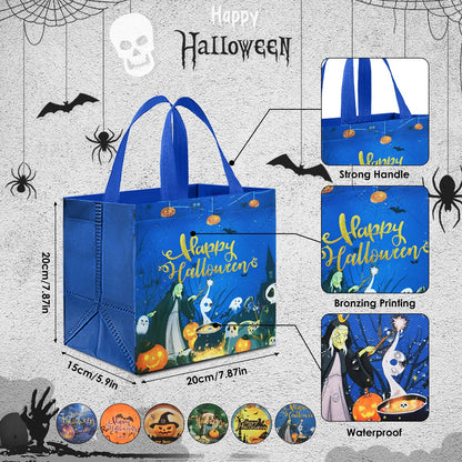 AhfuLife 12 Pcs Halloween Trick or Treat Bags, Candy Tote Bags with Handles, Reusable Non-Woven Gift Bag for Halloween Party Supplies Favors (7.8×7.8×5.9’’)