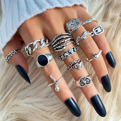 IFKM 25PCS Vintage Silver Knuckle Rings Set for Women, Stackable Joint Finger Statement Rings Bohemian Retro Hollow Carved Midi, Boho Halloween Skeleton Skull Snake Heart Chunky Stacking Pack (Halloween Skull)