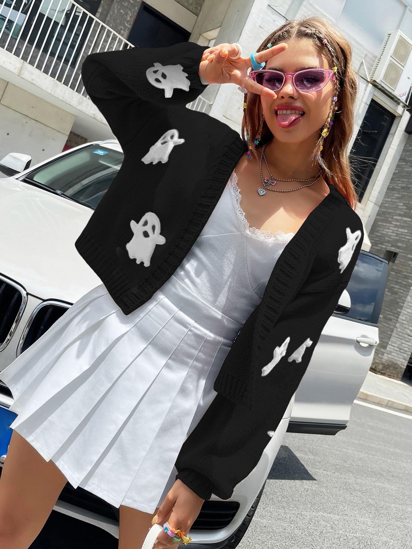 Womens Ghost Cardigan Girl Halloween Outfit Embroidered Print Long Sleeve Open Front Y2K Cropped Knit 90s Aesthetic Cardigan Sweaters