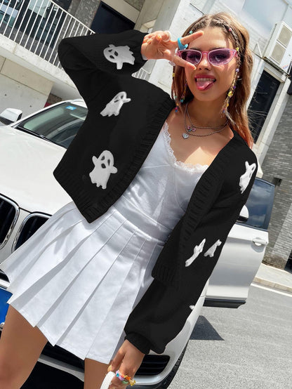 Womens Ghost Cardigan Girl Halloween Outfit Embroidered Print Long Sleeve Open Front Y2K Cropped Knit 90s Aesthetic Cardigan Sweaters