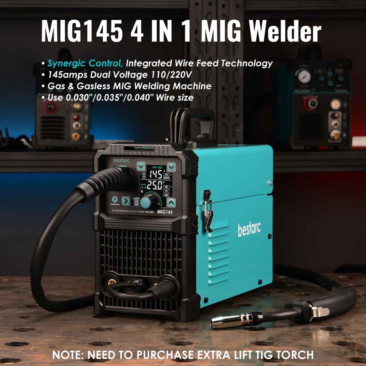 bestarc 145Amp MIG Welder, 110V 220V Flux Core MIG/Lift TIG/Stick 4 in 1 Welder Machine, Large LED Display Welding Machine, IGBT Inverter bestarc Welder MIG145 Gas Gasless Synergy MIG Welder
