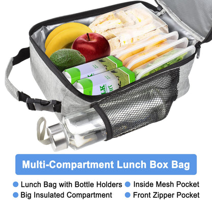 IWTTWY Insulated Lunch Bag, Leakproof Portable Lunch Box for Women Men Boys Girls, Large Capacity Cooler Bag with Handle and Bottle Pocket for Office School Camping Hiking Outdoor Beach Picnic (Grey)