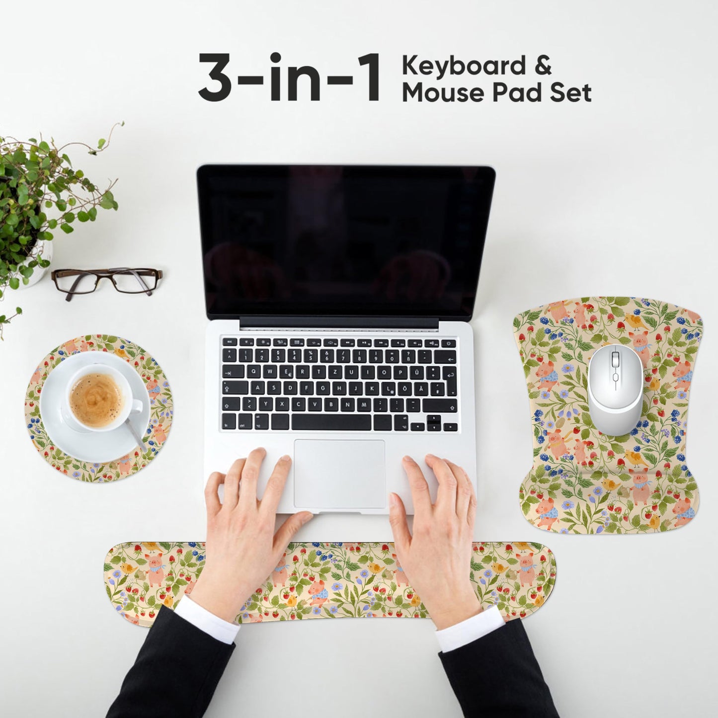 AUPET Mouse Pad Keyboard Wrist Rest Set,Ergonomic Memory Foam Mouse Pads Wrist Support Set,Non-Slip Base, Smooth Surface, Pain Relief for Gaming,Office (Pink Piggy)