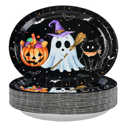 50Pcs Halloween Oval Paper Plates 10" x 12" Large Disposable Heavy Duty Cute Pumpkin Ghost Black Cat Paper Platters Jack-O-Lantern Dessert Plates for Halloween Birthday Holiday Party Supplies