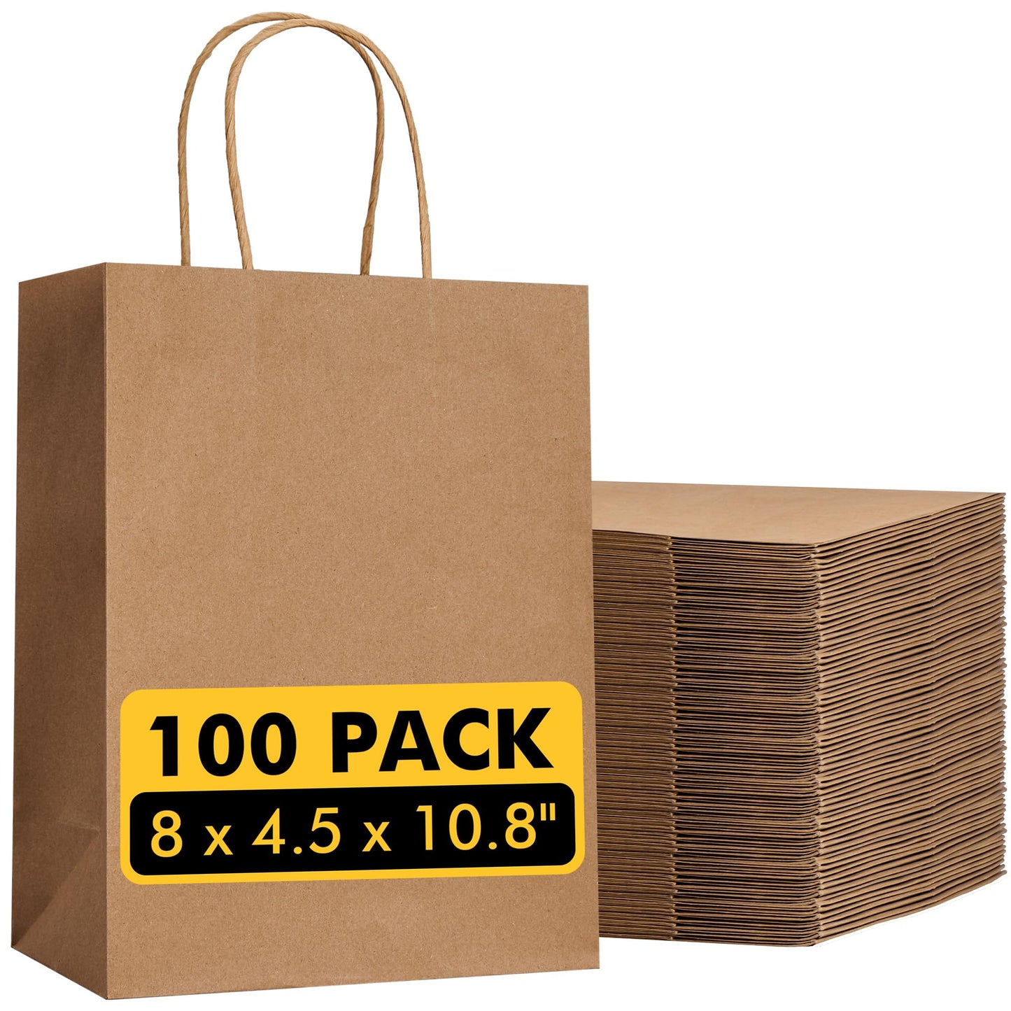 Brown Paper Bags with Handles Bulk 100Pcs 8x4.5x10.8 Inch Gift Bags Bulk, Brown Kraft Paper Bags for Retail, Party, Shopping, Favor