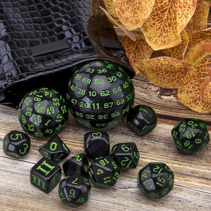 AUSTOR 15 Pieces Complete Polyhedral Dice Set D3-D100 Game Dice Set with a Leather Drawstring Storage Bag for Role Playing Table Games(Black & Green)