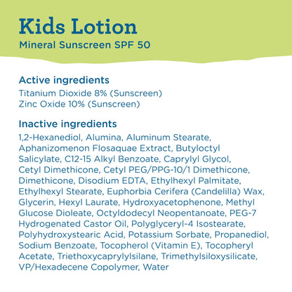 Blue Lizard Kids Mineral SPF 50 Sunscreen Lotion, 100% Mineral, Children’s Sunscreen, Water-Resistant Formula, Paraben-Free, Fragrance-Free, 5 fl oz
