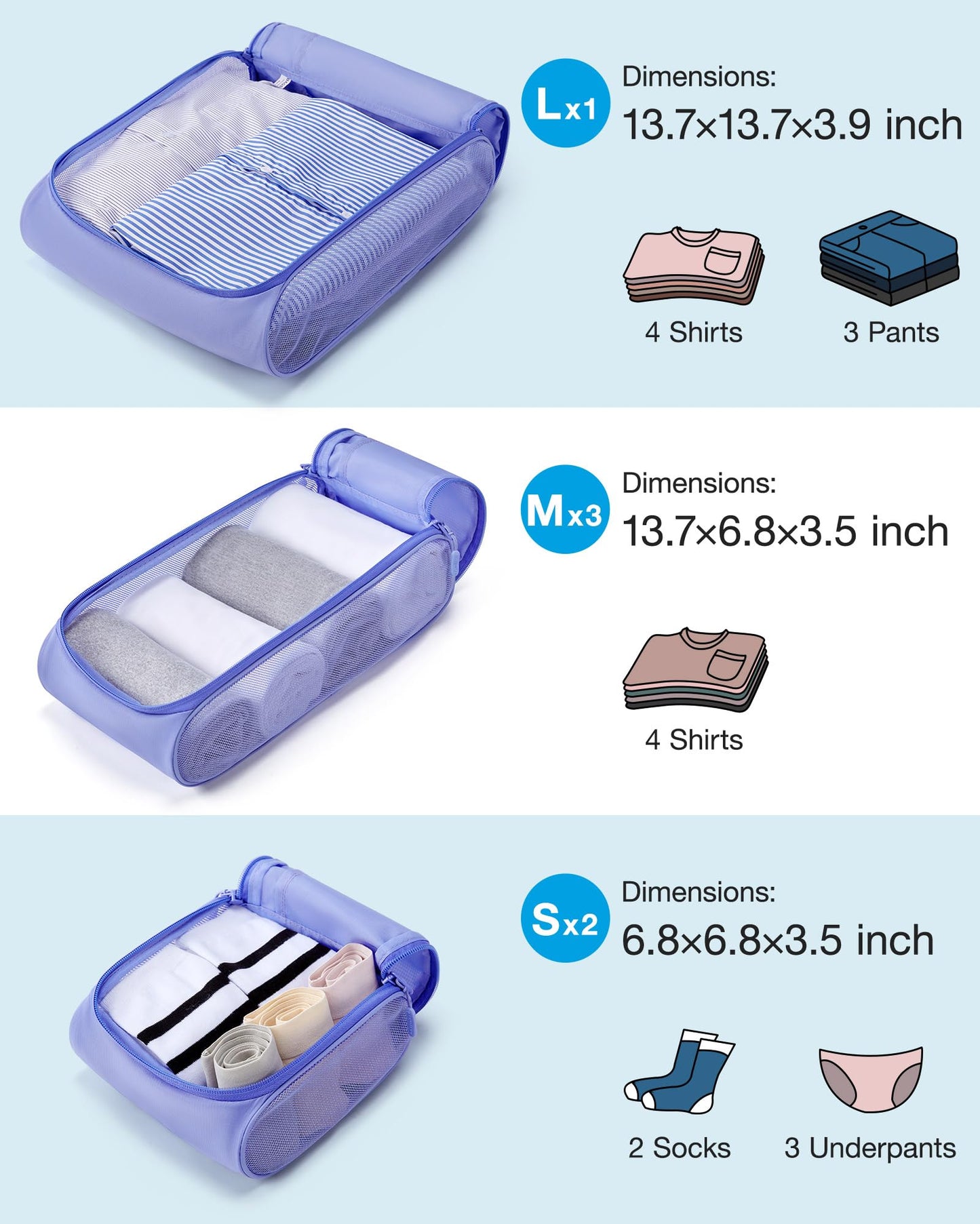 BAGSMART Keep Shape Packing Cubes for Travel, 6 Set Travel Cubes for Packing, Lightweight Suitcase Organizer Bags Set for Travel Essentials Very Peri