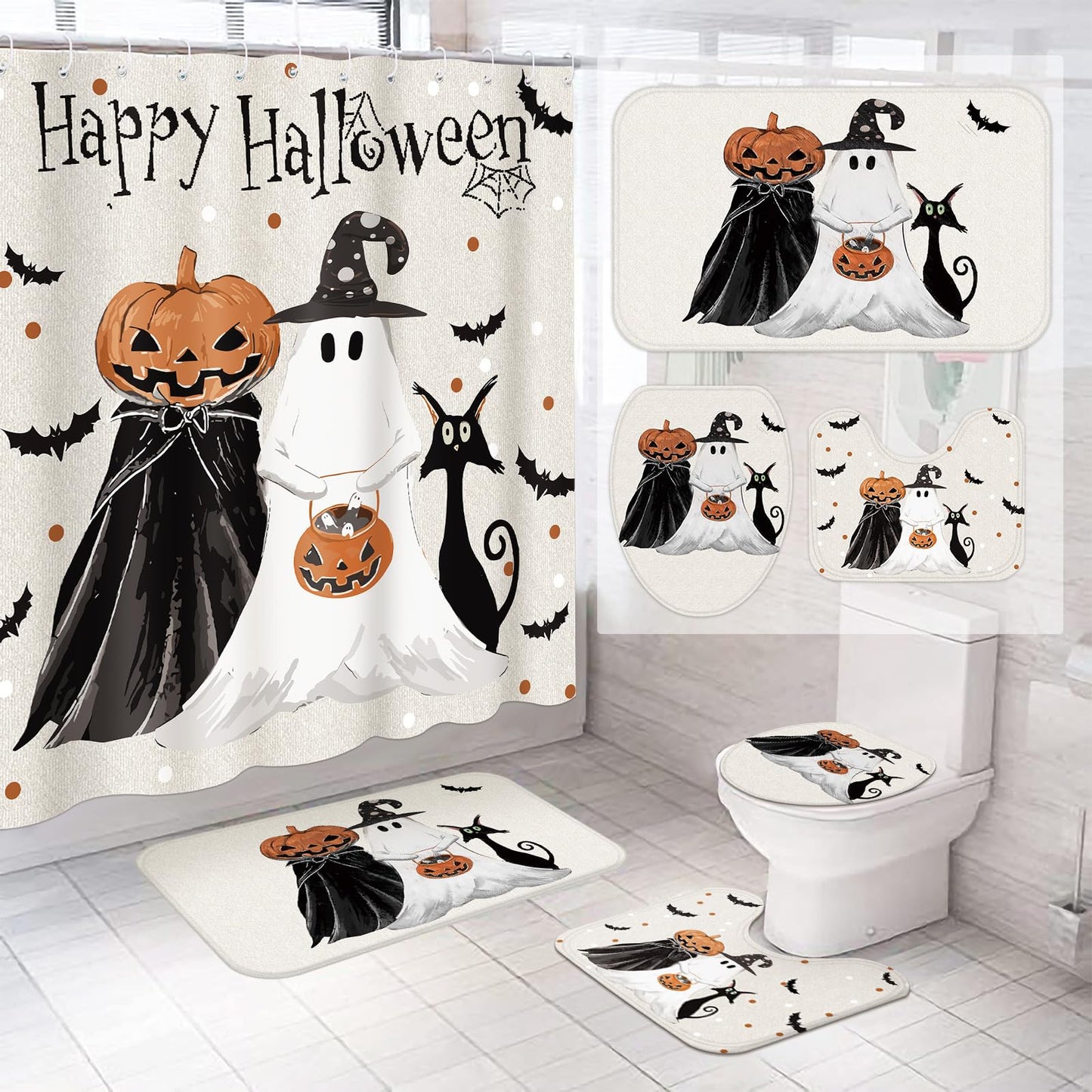 4 Pcs Halloween Ghost Shower Curtain Set 72" Halloween Bathroom Decor Set with 12 Hooks Non Slip Rug Toilet Lid Cover and Bath Waterproof Mat Restroom Shower Accessories Haunted Spooky House Decor