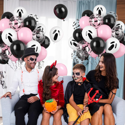 Biapian 60 Pcs Pink Halloween Balloons, 12 Inch Halloween Ghost Balloons Printed Pink and Black Latex Balloons Bat Confetti Balloons for Birthday BOO Happy Halloween Party Decorations Indoor Outdoor