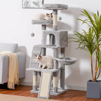 Heybly Cat Tree, Cat Tower for Indoor Cats, Multi-Level Cat Furniture Condo for Cats with Padded Plush Perch, Cozy Basket and Scratching Board, Light Gray HCT014W