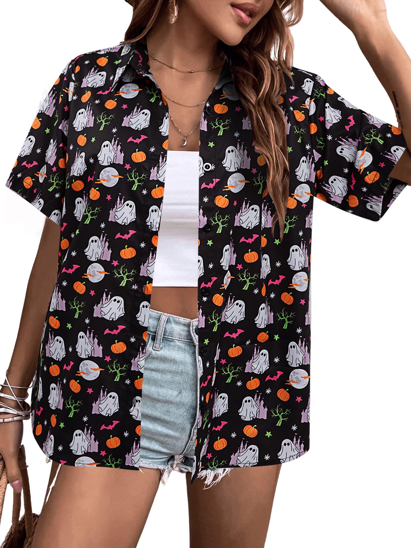 Womens Halloween Hawaiian Shirt Cute Pumpkin Spooky Castle Graphic Tee Magical Halloween Short Sleeve Button Up Tops