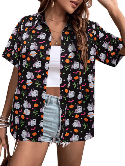 Womens Halloween Hawaiian Shirt Cute Pumpkin Spooky Castle Graphic Tee Magical Halloween Short Sleeve Button Up Tops
