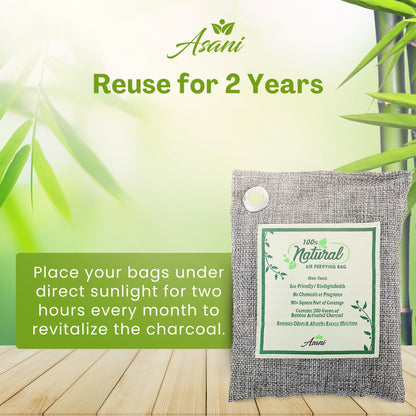 Asani Air Purifier Bags with Bamboo Activated Charcoal (Purifying Pack of 4) | Natural Air Freshener Deodorizer | Moisture Absorber and Odor Eliminators for Home, Car, Refrigerator, Closet (200g Each)