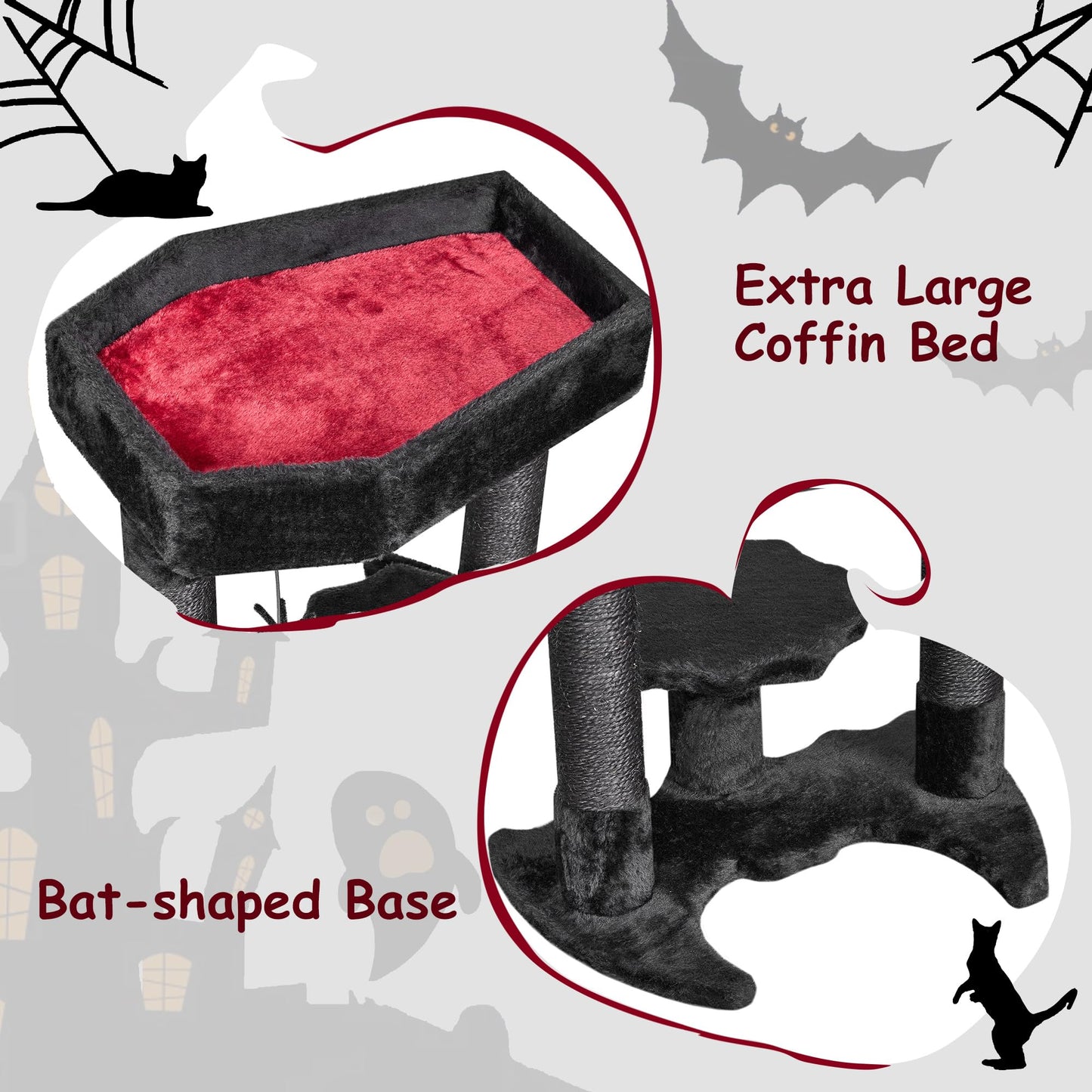BEWISHOME Cat Tree Tower for Indoor Gothic Cat Trees with Coffin Bed, Halloween Cat House with Scratching Posts, Cat Shelves with Spider Toy, Spooky Coffin Black with Red, Small MMJ91R