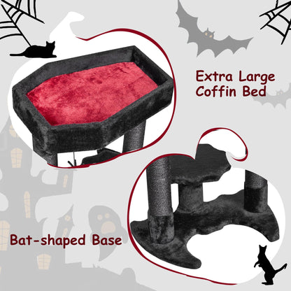 BEWISHOME Cat Tree Tower for Indoor Gothic Cat Trees with Coffin Bed, Halloween Cat House with Scratching Posts, Cat Shelves with Spider Toy, Spooky Coffin Black with Red, Small MMJ91R