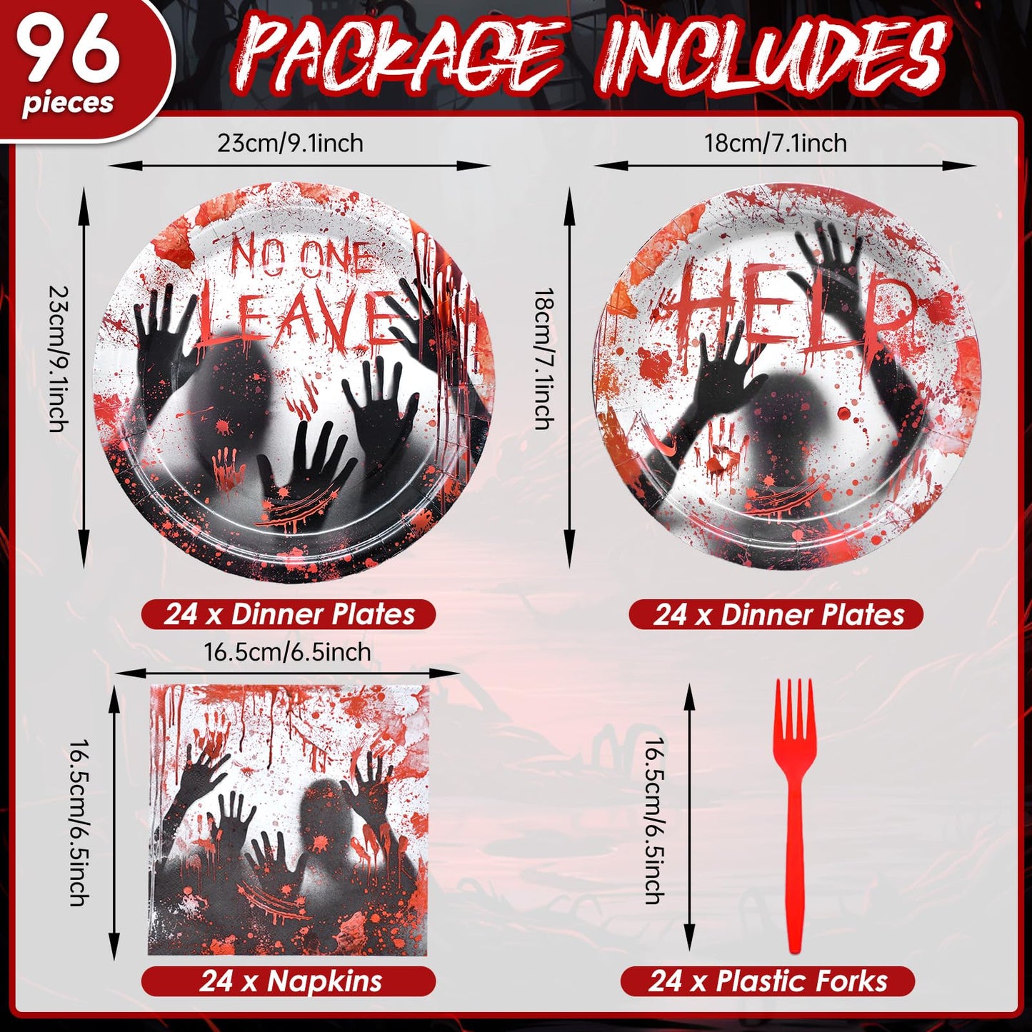 96 Pieces Halloween NO ONE LEAVES Tableware Set - Spooky Disposable Dinnerware with Plates, Napkins, Forks for Halloween Horror-Themed Events, and Haunted House Party Supplies, Serves 24 Guests