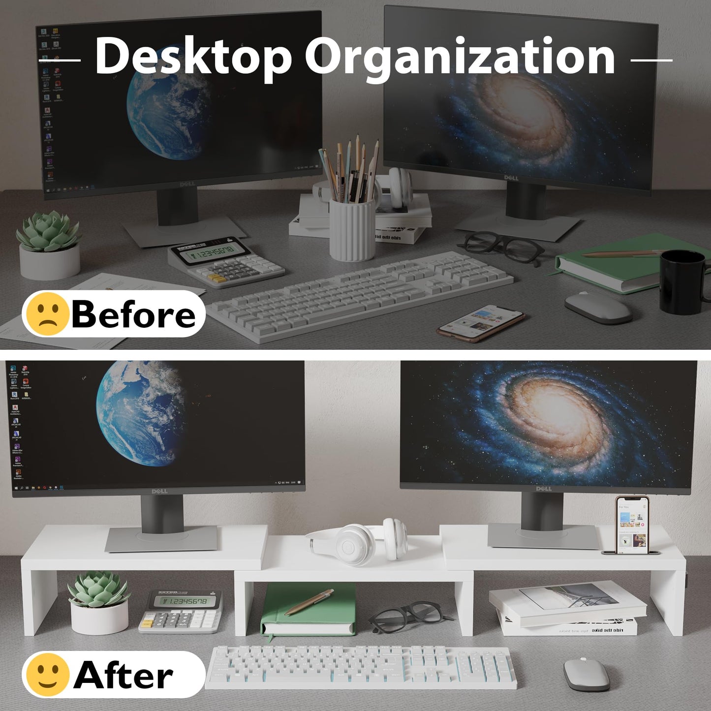 BONTEC Dual Monitor Stand for Desk, Adjustable Length and Angle Monitor Stand Riser with Smartphone Holder, Desk Shelf for Top of Desk, Computer Monitor Stand with Storage, Office Desk Organizer, White