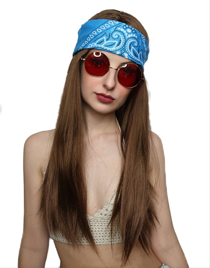 ALLAURA Compatible with Janis Joplin Wig – 3pc Long Brown Hippie Wig Costume Set with Bandana & Glasses – 60s 70s Unisex Hippy Look for Men & Women, Retro Festival Style, Halloween, Music Icon Cosplay
