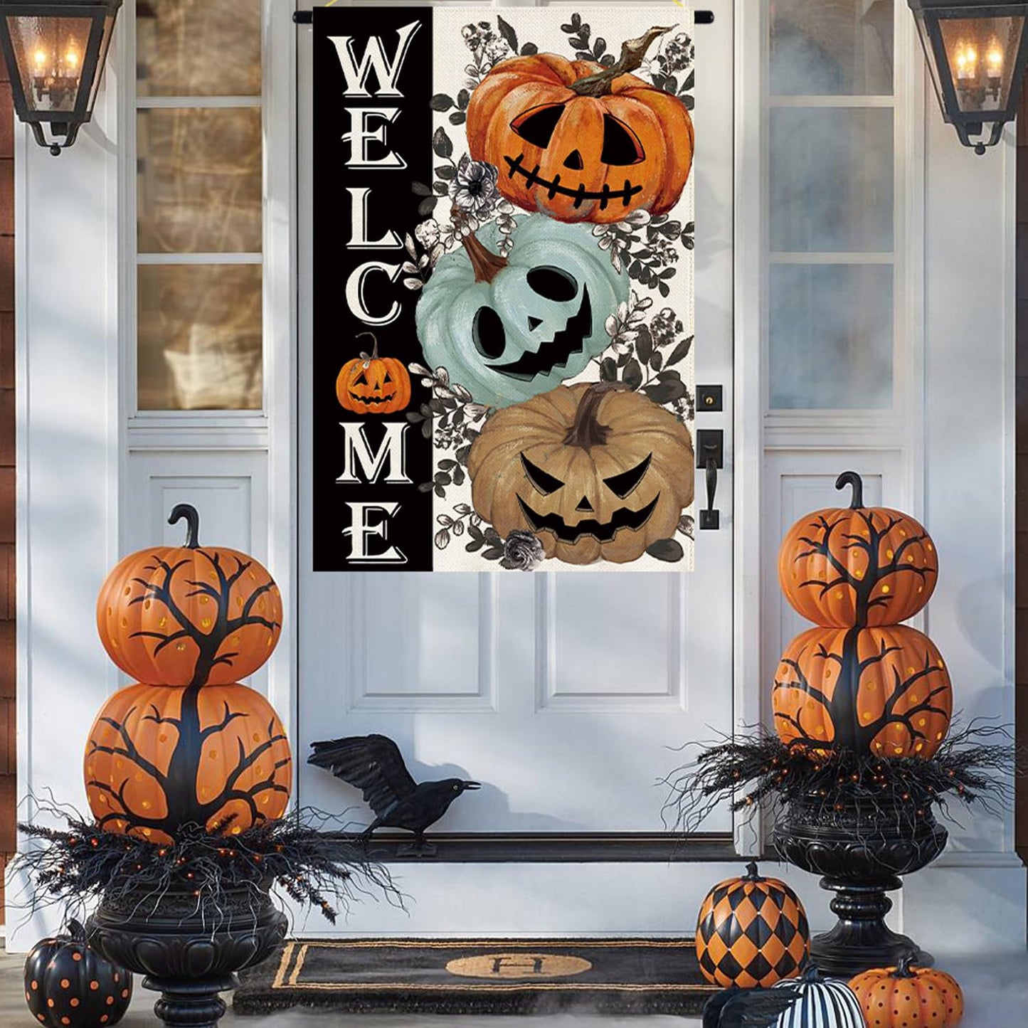 Baccessor Halloween House Flag 28 x 40 Inch Double Sided,Spooky Pumpkin Welcome Ghost Burlap Large Garden Flag Farmhouse Holiday Porch Patio Outdoor Outside Decoration