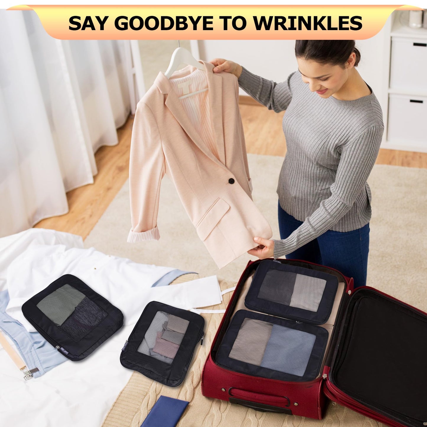 HDKJDPG Ultralight Compression Packing Cubes Travel for Suitcases ，Compressible Mesh Packing Cubes for Travel Women Packing Organizers 4 Set