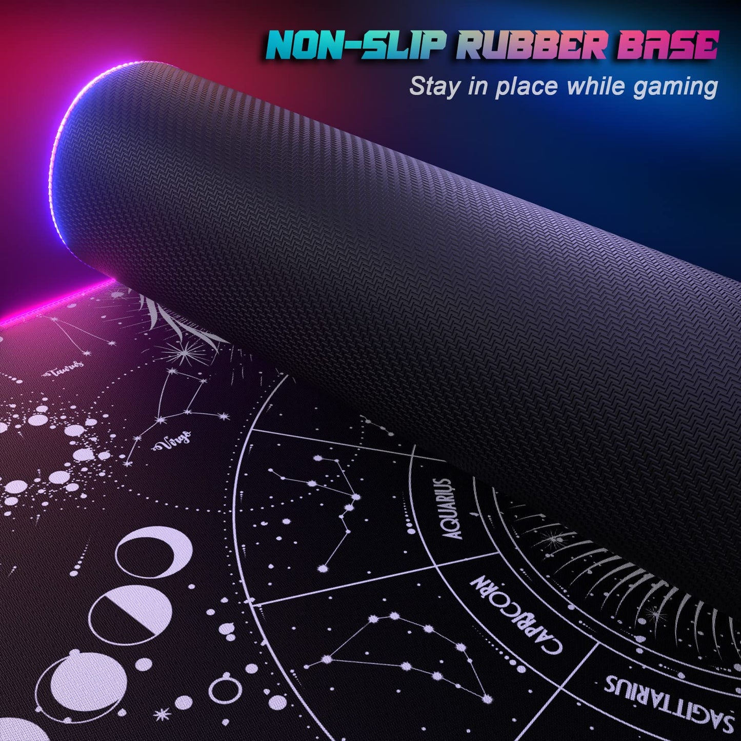 ITNRSIIET RGB Gaming Mouse Pad, Full Desk XL Extended Large Gaming Mousepad, 12 Lighting Modes, 30% Thicker, Big LED Desk Mat for Keyboard Computer Men Gamers Esport Pros, 32" x 12", Black Sun Moon