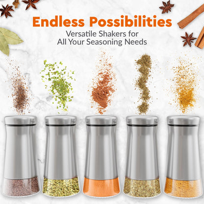 HOME EC Original Salt and Pepper Shakers Set with Adjustable Pour Holes - Glass and Stainless Steel Salt Shaker and Pepper Shaker - Farmhouse Spice dispenser for salts, ground peppercorn and spices