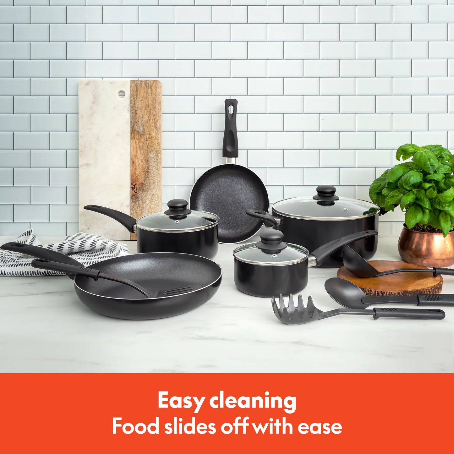 bella Cookware Set, 12 Piece Pots and Pans with Utensils, Nonstick PFOA Free Scratch Resistant Cooking Surface Compatible with All Stoves, Nylon and Aluminum, Black