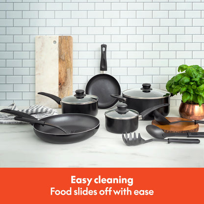 bella Cookware Set, 12 Piece Pots and Pans with Utensils, Nonstick PFOA Free Scratch Resistant Cooking Surface Compatible with All Stoves, Nylon and Aluminum, Black