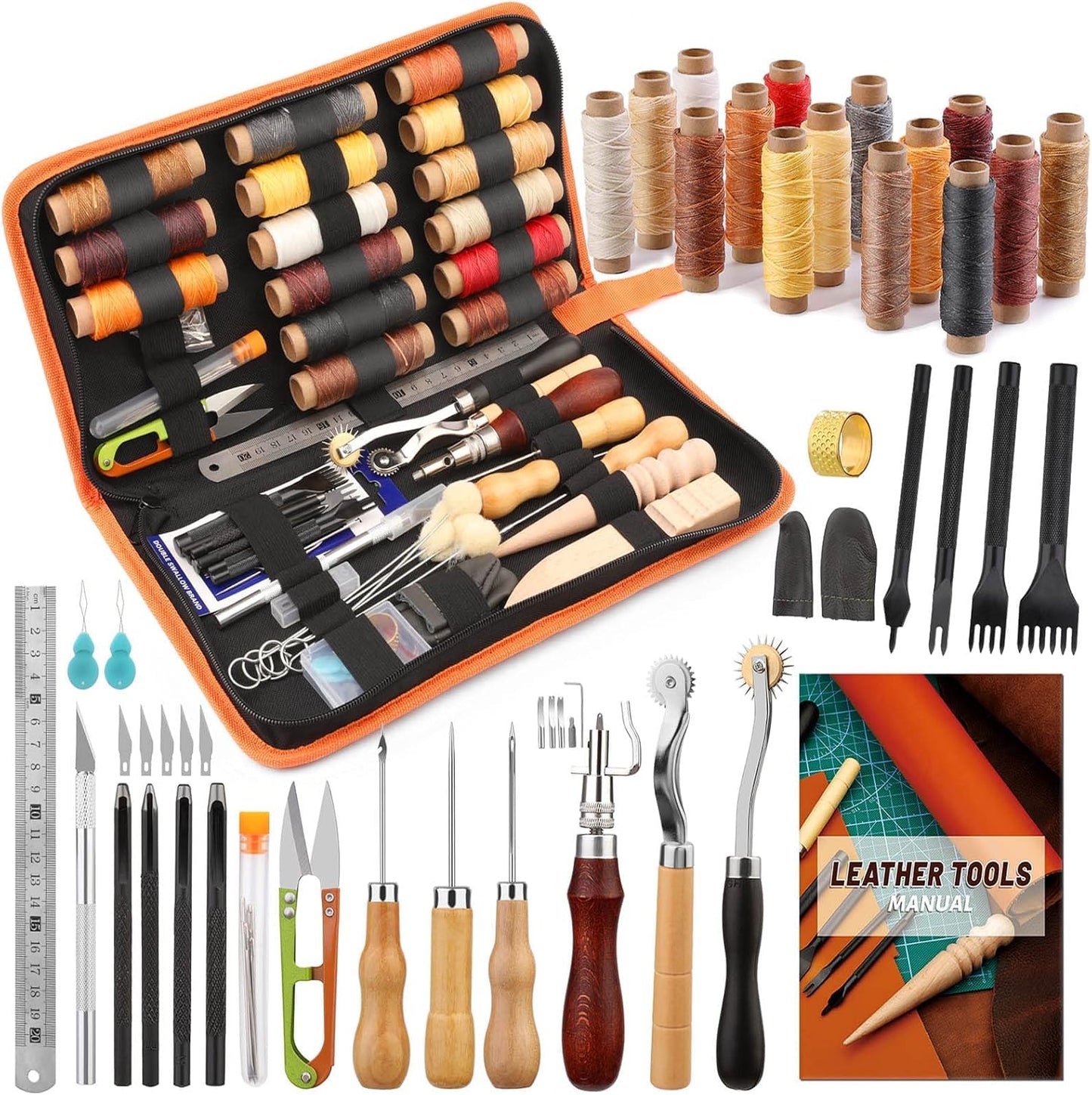 BUTUZE Leather Working Tools, Practical Leather Craft Kit with Waxed Thread Groover Awl Stitching Punch Hole for Leathercraft Beginner or Adults Gifts - Comes with Tool Manual