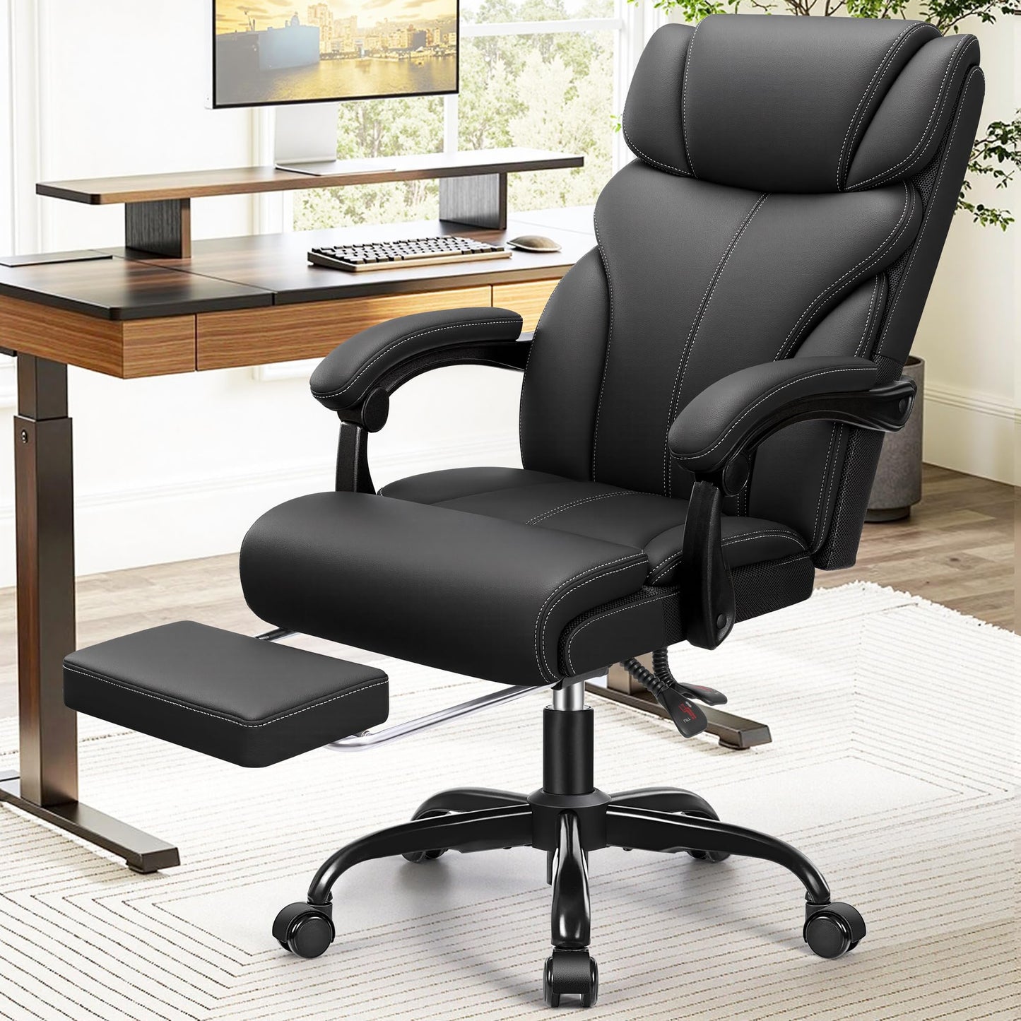 HeroSet Office Chair, Executive Leather Chair Big and Tall Ergonomic Computer Desk Chair, Comfy Swivel Rolling Reclining Lumbar Support Task Chair with Adjustable High Back Foot Rest for Home Gaming