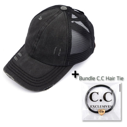 C.C Exclusives Washed Distressed Cotton Denim Criss-Cross Ponytail Hat Baseball Cap Bundle Hair Tie (BT-780) (Black)