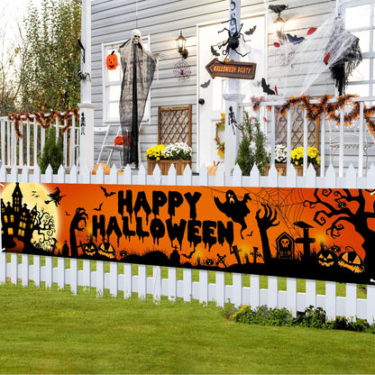 Avezano Happy Halloween Banner Large 98.4 x19.6 Inch Yard Sign Banner Black and Orange Halloween Party Decorations Welcome Hanging Flag Outdoor Fence Garage Garden Porch Holiday Backdrop