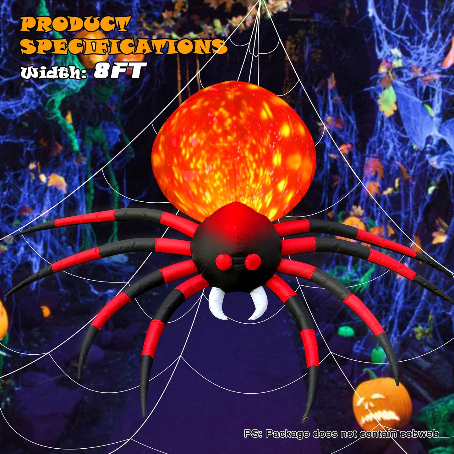 8 FT Halloween Inflatable Spider Outdoor Decorations for Yard, Giant Crawling Spider with LED Rotating Flame, Large Creepy Spider Props for Halloween Party Garden Lawn Patio Outside House Window Decor