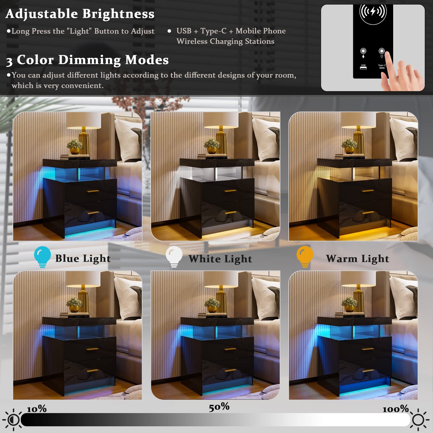 HNEBC Auto LED Nightstand with Wireless Charging Station & USB Ports,High Gloss Bedside Tables with 2 Drawers,Floating Nightstand with 3 Color & Adjustable Brightness Embedded LED Light Strip