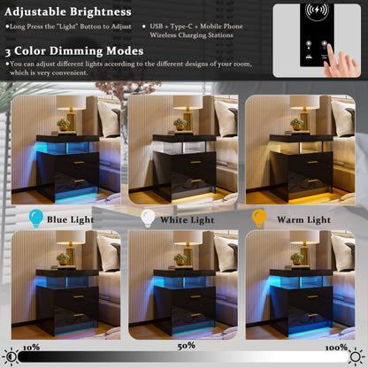 HNEBC Auto LED Nightstand with Wireless Charging Station & USB Ports,High Gloss Bedside Tables with 2 Drawers,Floating Nightstand with 3 Color & Adjustable Brightness Embedded LED Light Strip